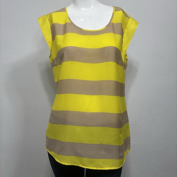 The Limited Yellow Tan Wide Rugby Stripe Semi Sheer Cap Sleeve Blouse Size Small - Picture 1 of 7